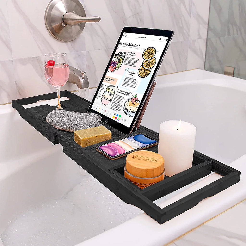 Bamboo Bathtub Tray Expandable Bathtub Caddy with Reading Rack Tablet Holder Wine Glass Holder (Black) A469866