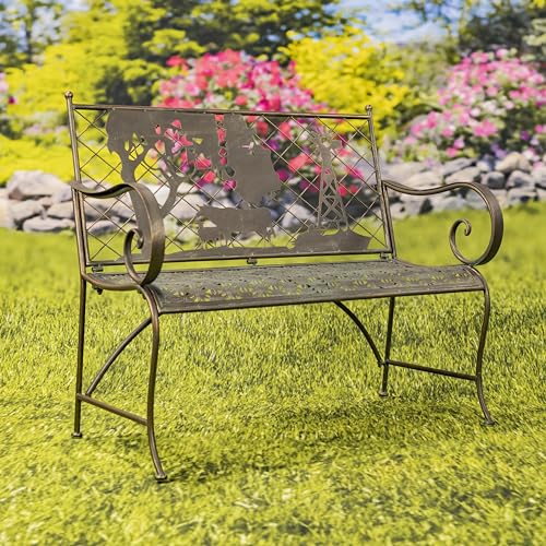 Green Iron Garden Bench with Blooming Tree Backrest O687