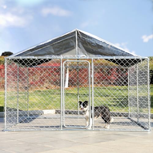 8 x 8 FT Galvanized Chain Link Outdoor Dog Kennel with Roof M3619