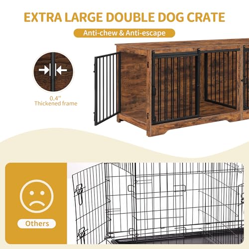 78 Inch Extra Large Double Dog Crate Furniture with Divider, Rustic Brown B24461