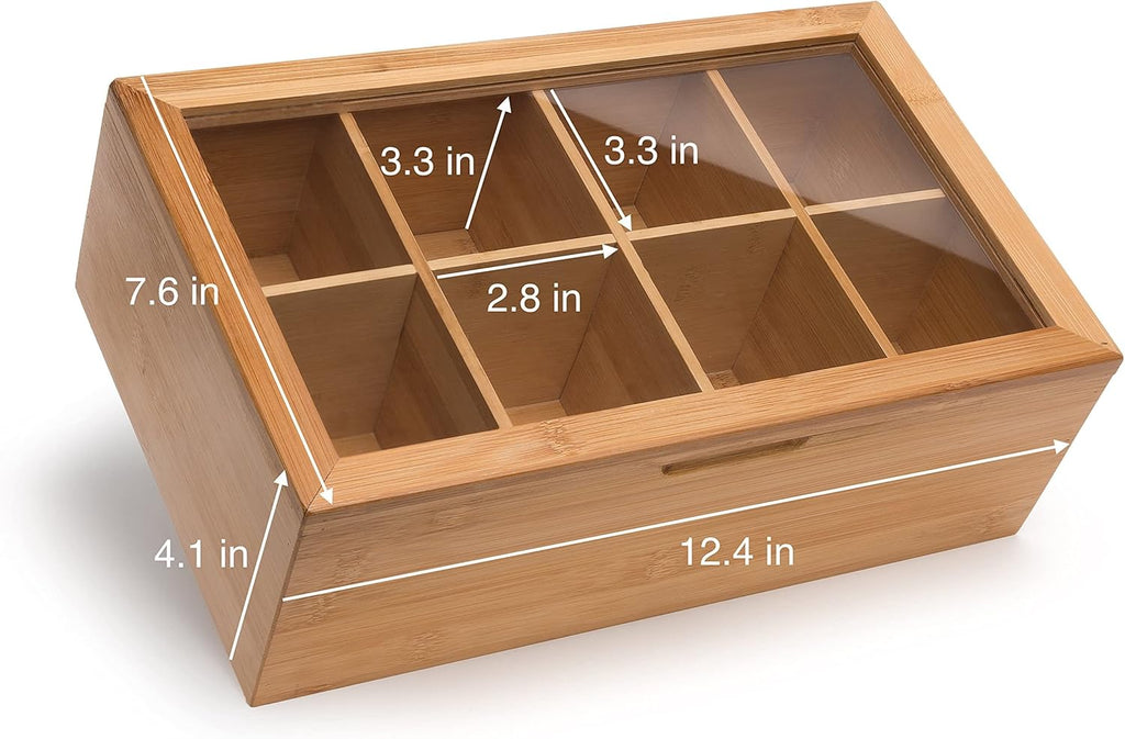 100% Bamboo Tea Box Storage Organizer, 8 Adjustable Compartments, Natural Wooden Finish A808