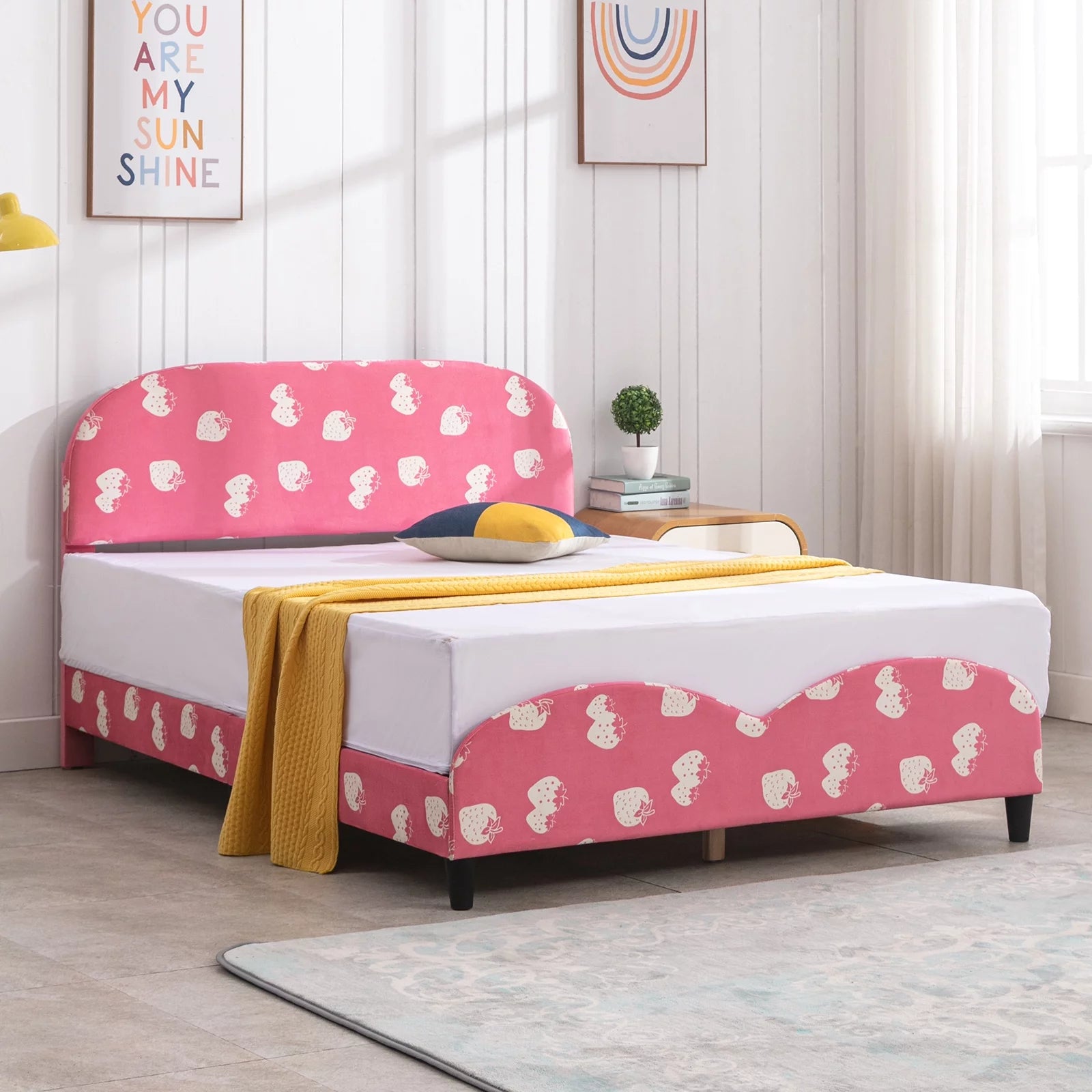 Pink Kids Twin Bed Frame with Upholstered Headboard and Footboard J9138
