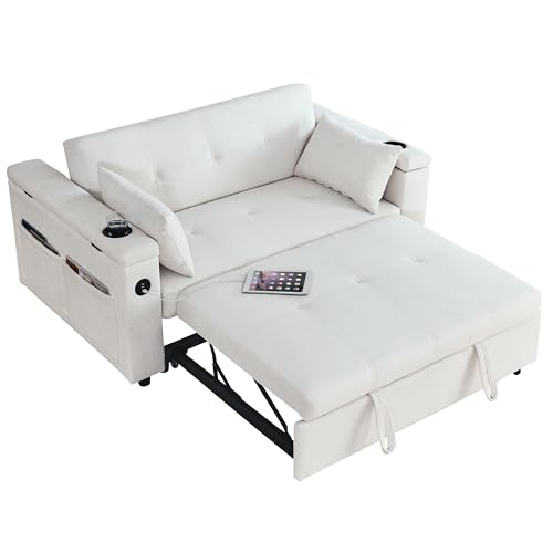 White 54" Chenille 2-Seater Convertible Sofa Bed with USB Power Outlet E2438