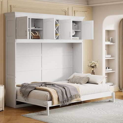 White Queen Size Murphy Wall Bed with Top Cabinets & Wine Rack S66143