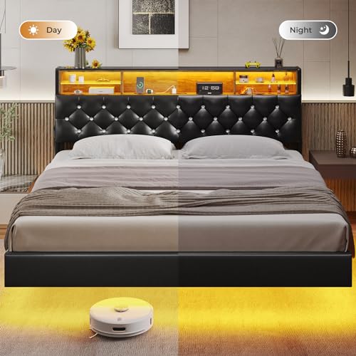 King Size Floating Bed Frame with LED Lights, Faux Leather Upholstered, PU Black B98127