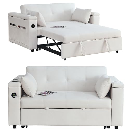 White 54" Chenille 2-Seater Convertible Sofa Bed with USB Power Outlet E2438