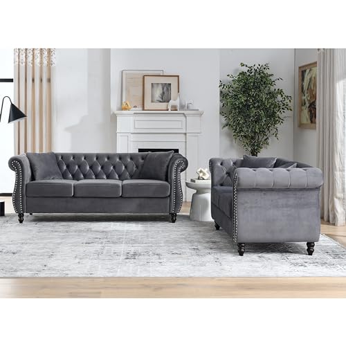Grey Velvet 3 Seater Sofa with Pillows I52242