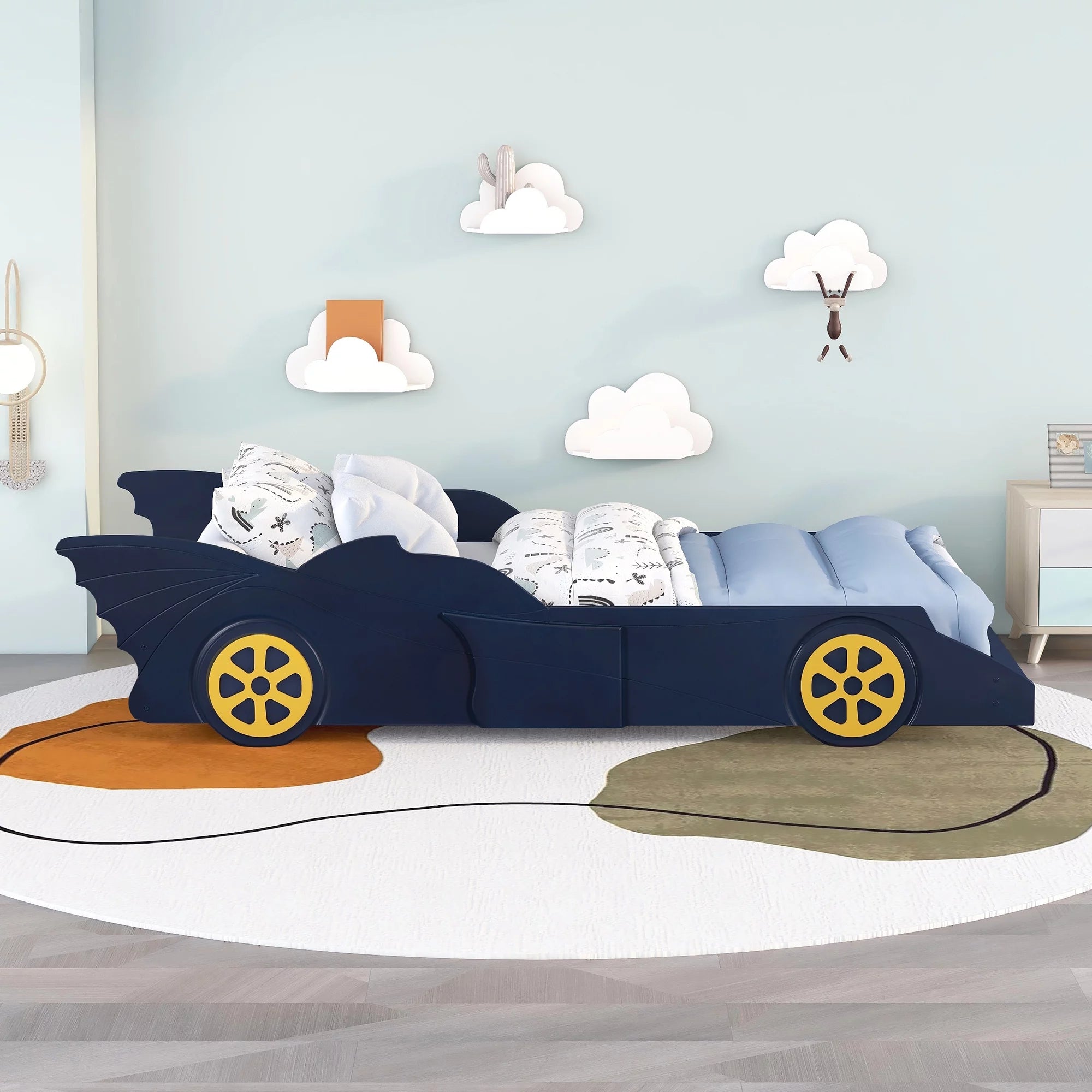 Blue/Yellow Twin Size Race Car Shaped Wood Platform Bed Frame N3454