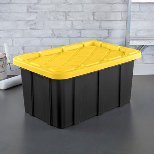 38 Gallon Black/Yellow Stackable Storage Tote with Lid, 8 Pack U998603