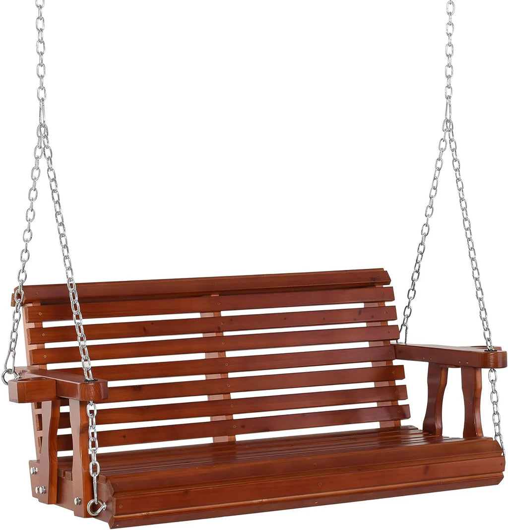 Brown Wooden 2 Person Porch Swing Chair with Chains and Cupholders E252916