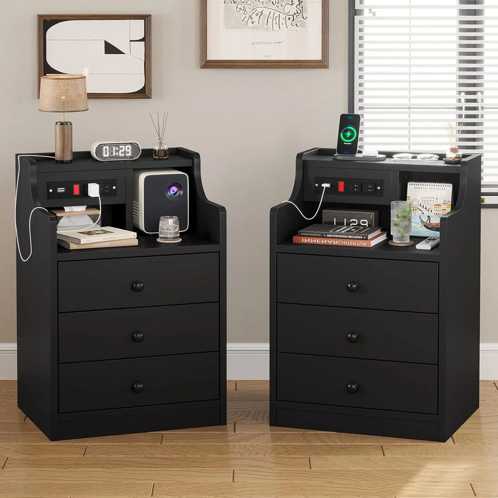 Black Nightstand Set of 2 with Storage Drawers N486620
