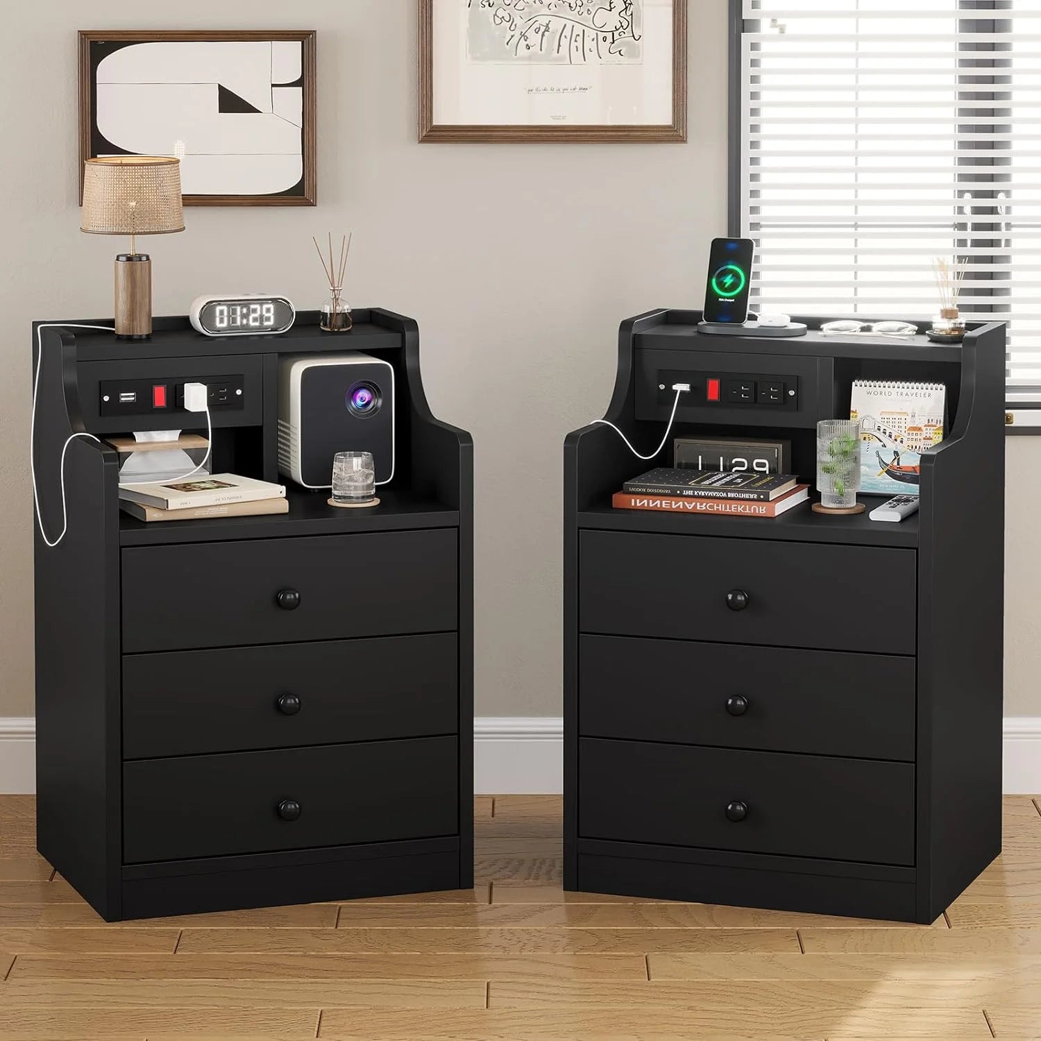 Black Nightstand Set of 2 with Storage Drawers N486620