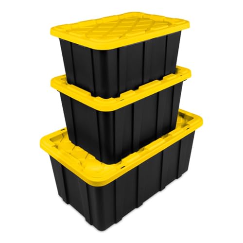 38 Gallon Black/Yellow Stackable Storage Tote with Lid, 8 Pack U998603