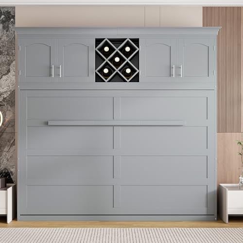White Queen Size Murphy Wall Bed with Top Cabinets & Wine Rack S66143