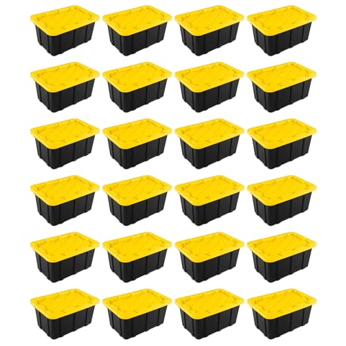 38 Gallon Black/Yellow Stackable Storage Tote with Lid, 8 Pack U998603