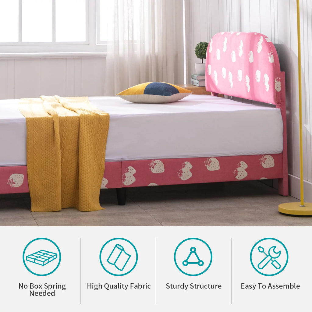 Pink Kids Twin Bed Frame with Upholstered Headboard and Footboard J9138