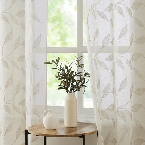 White Floral Semi Sheer Curtains 84 inch Grommet Top W38 x L84 x2 A341