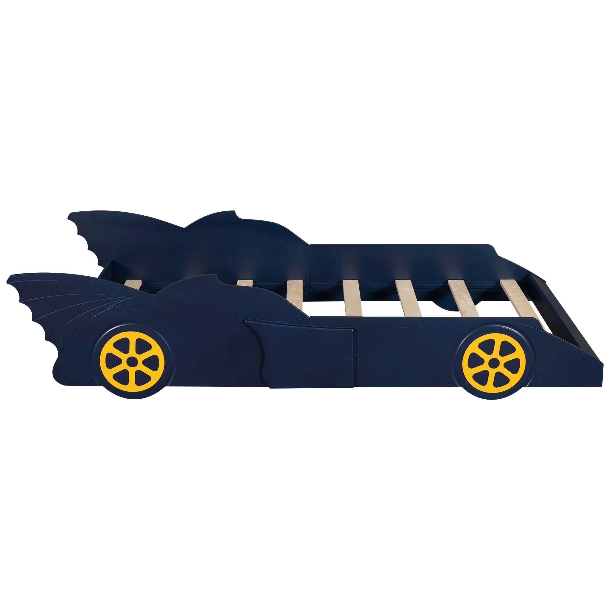 Blue/Yellow Twin Size Race Car Shaped Wood Platform Bed Frame N3454