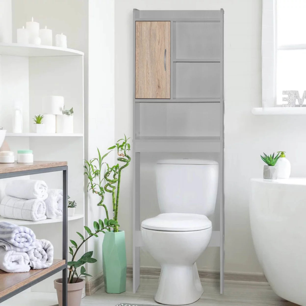 Over-the-Toilet Storage Cabinet in Light Gray & Natural Oak H765