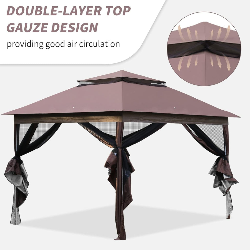 10'x10' Brown Pop Up Gazebo with Mosquito Netting Double Roof O311