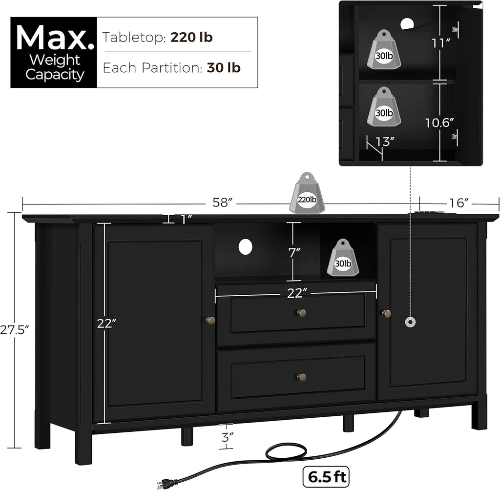 Black Media Entertainment Center with Power Outlet & Storage Cabinets P9837