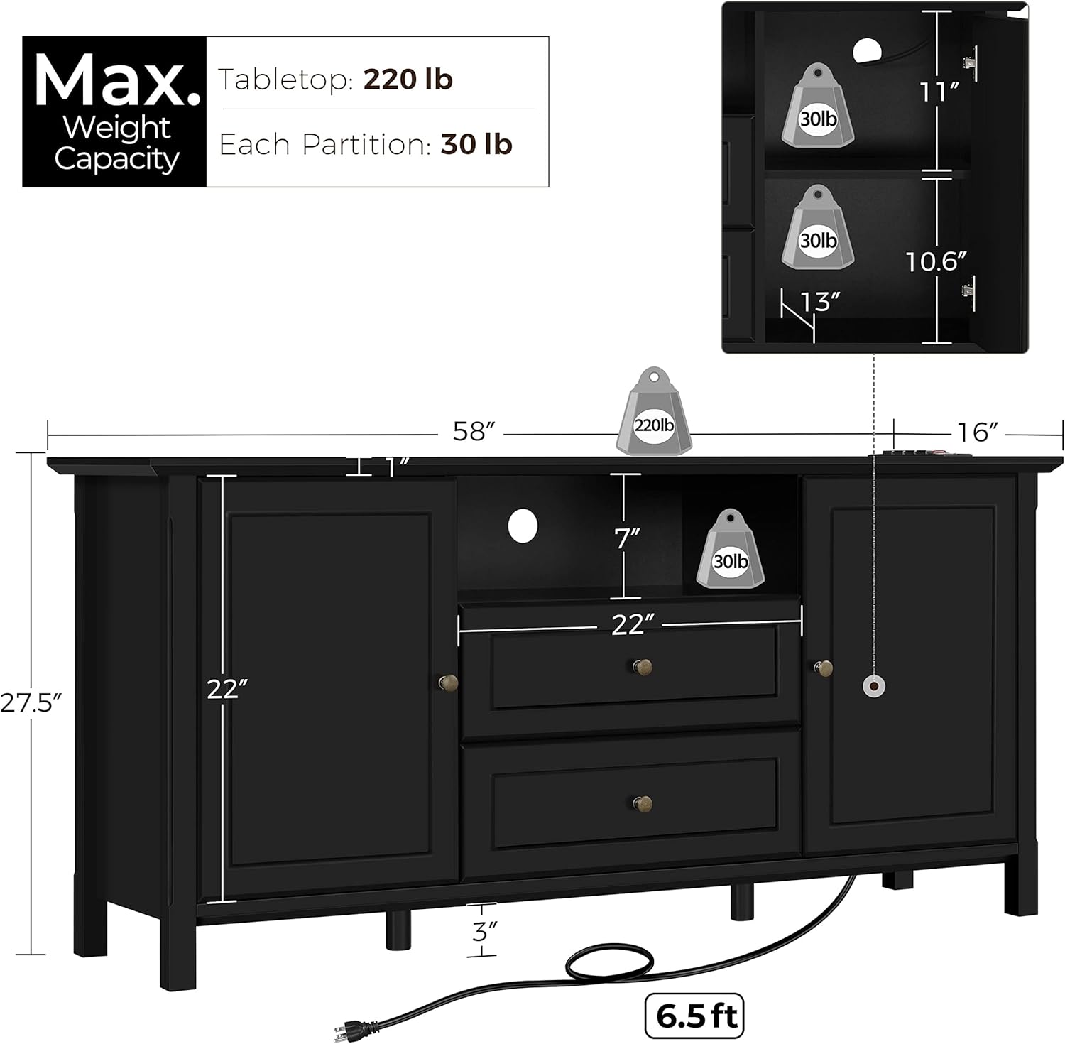 Black Media Entertainment Center with Power Outlet & Storage Cabinets P9837