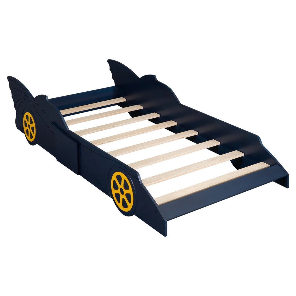 Blue/Yellow Twin Size Race Car Shaped Wood Platform Bed Frame N3454