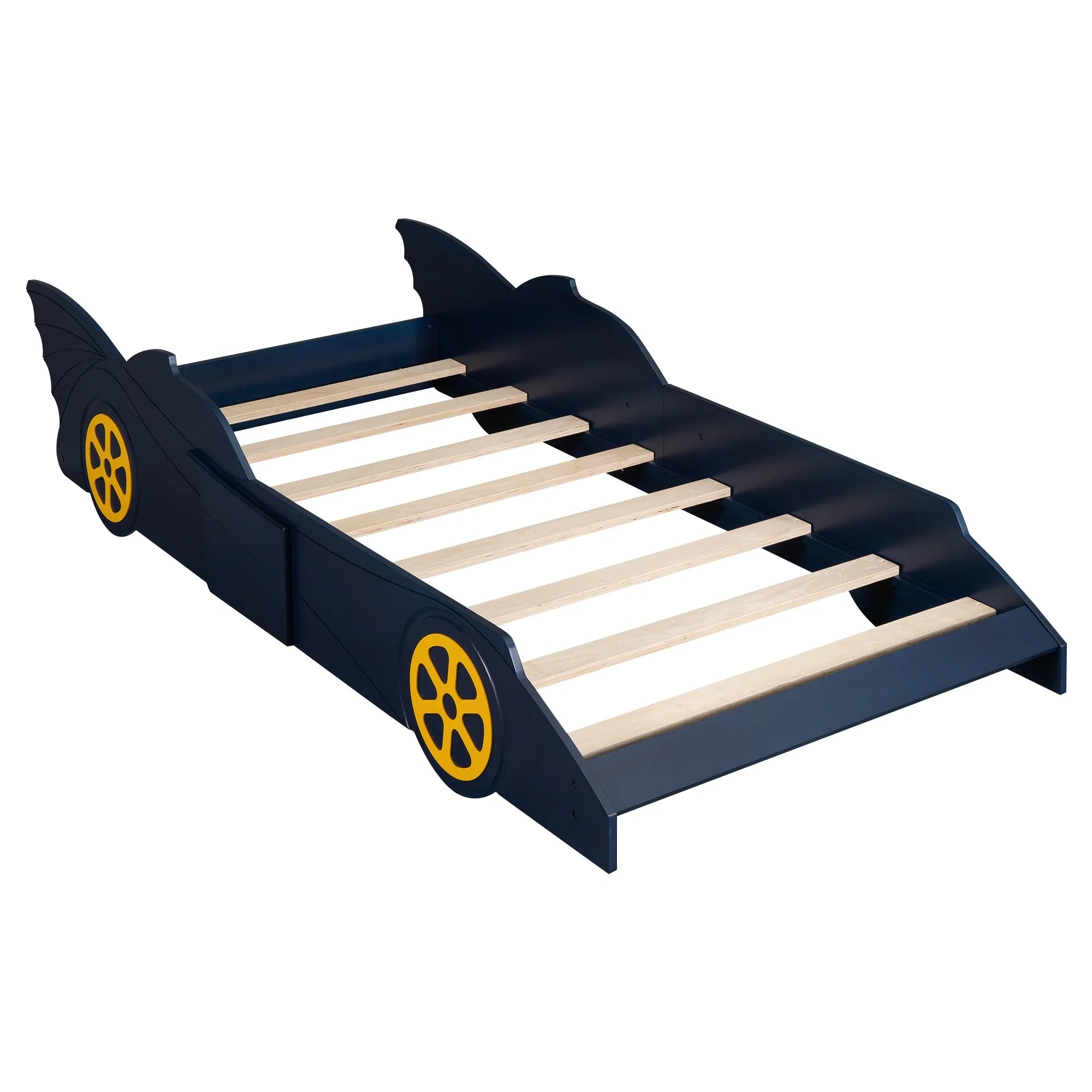 Blue/Yellow Twin Size Race Car Shaped Wood Platform Bed Frame N3454