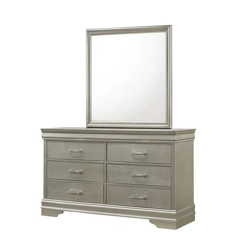Silver Finish King Size Panel Upholstered Bed Dresser Mirror Nightstand Chest Set O4599