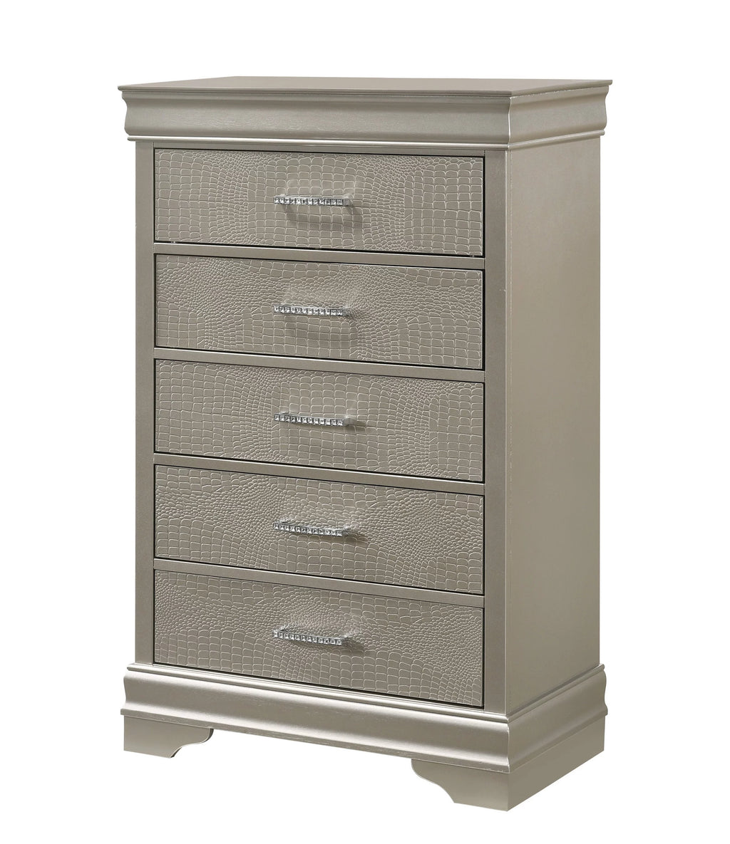 Silver Finish King Size Panel Upholstered Bed Dresser Mirror Nightstand Chest Set O4599