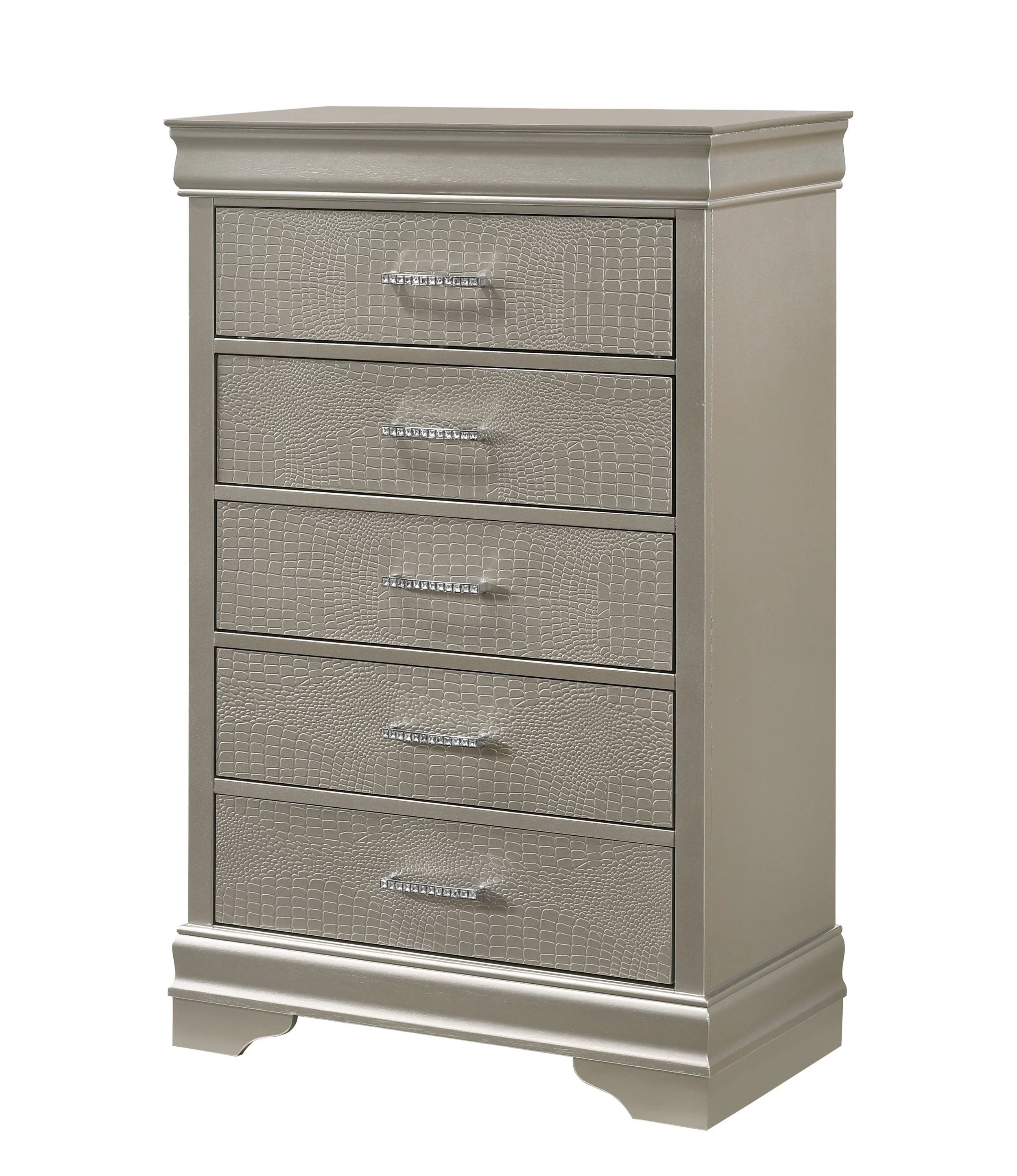 Silver Finish King Size Panel Upholstered Bed Dresser Mirror Nightstand Chest Set O4599