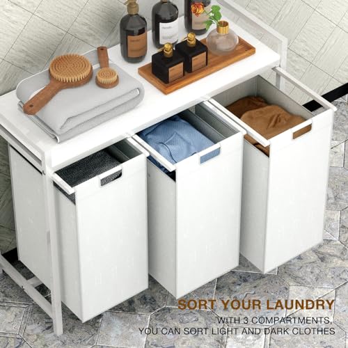 White 3 Section Laundry Hamper with 3 Removable Bags Q54552