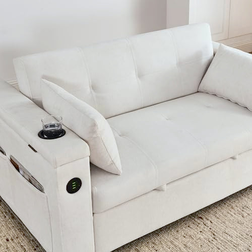 White 54" Chenille 2-Seater Convertible Sofa Bed with USB Power Outlet E2438