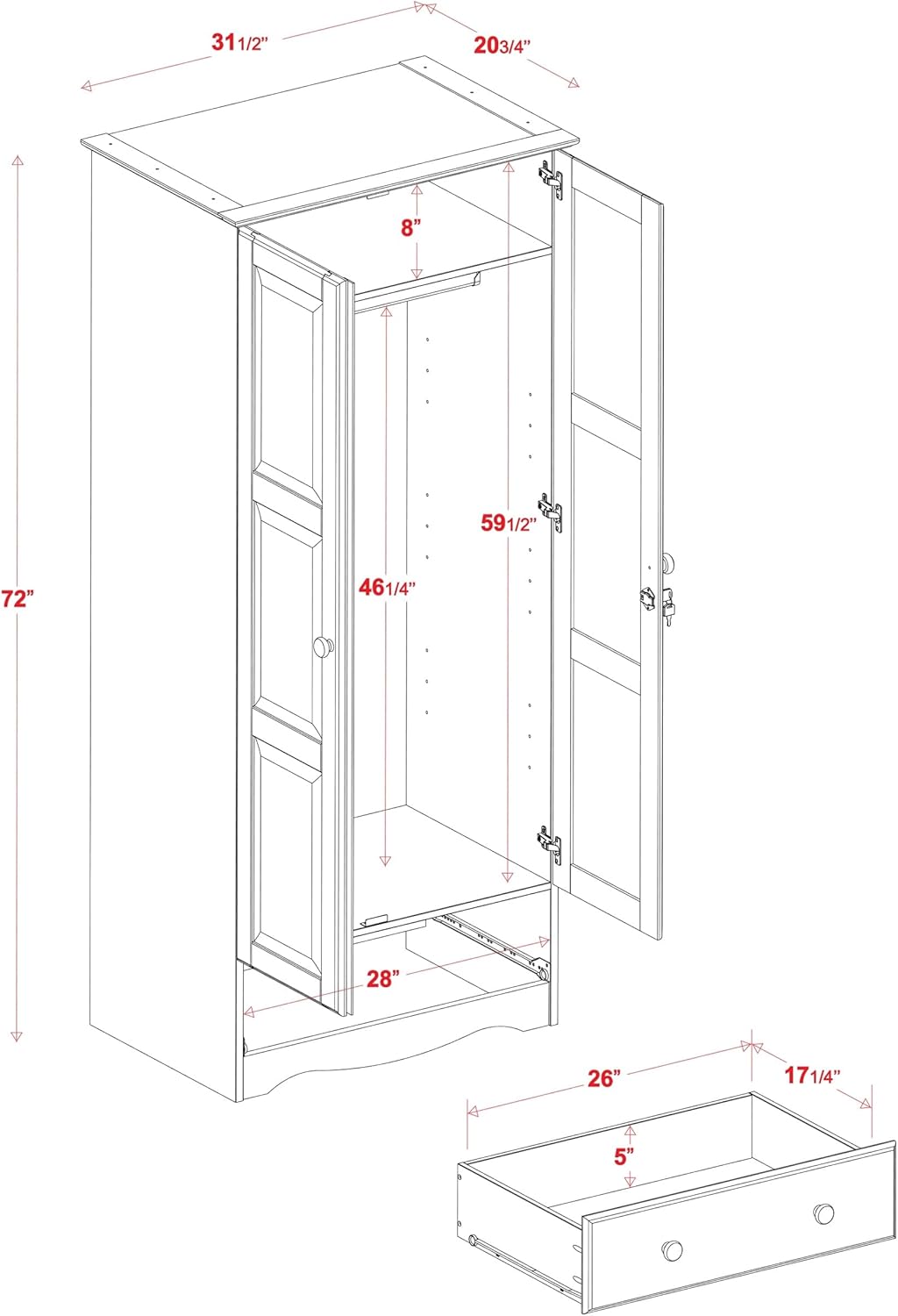 100% Solid Wood Wardrobe Armoire Mocha Stained S4878