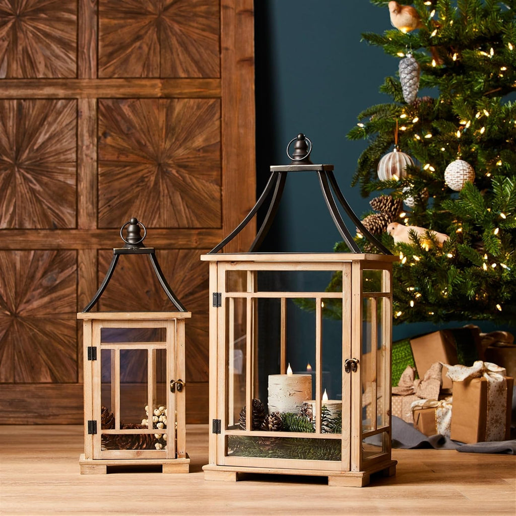 Set of 2 Wood and Metal Candle Lantern L456