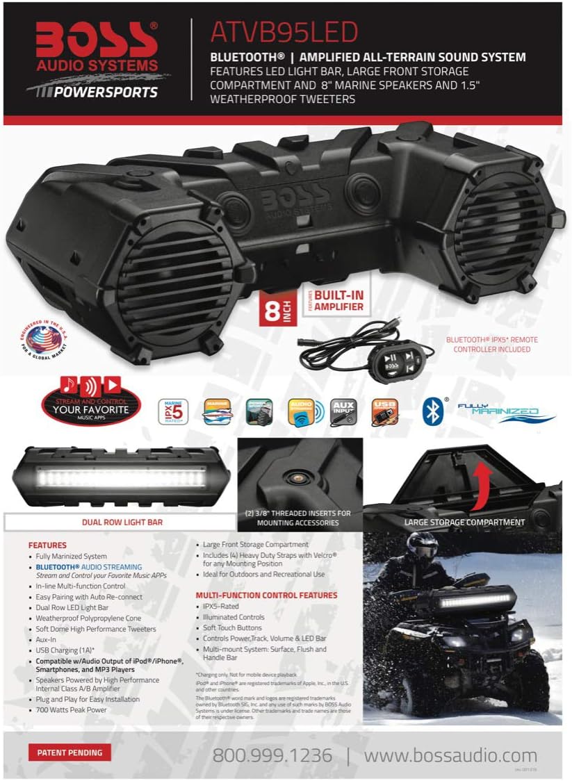 Weatherproof ATV Soundbar with 8 Inch Speakers and LED Light Bar M34689