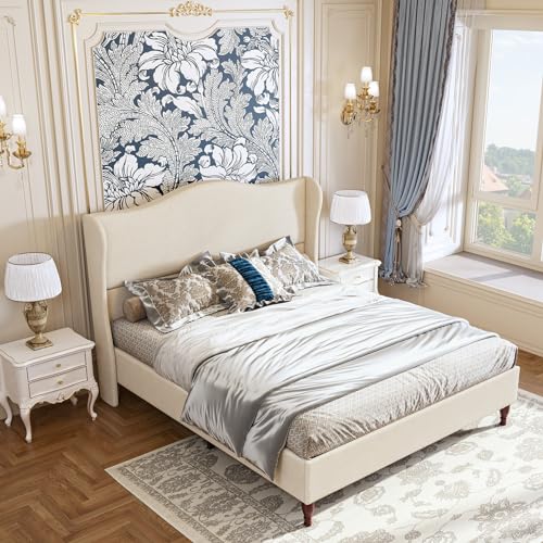 Beige King Size Upholstered Platform Bed with Tall Headboard P3078