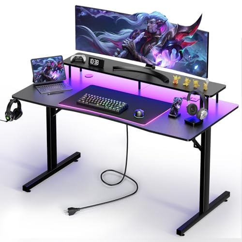 55 Inch Gaming Desk with LED Lights and Monitor Stand P9092