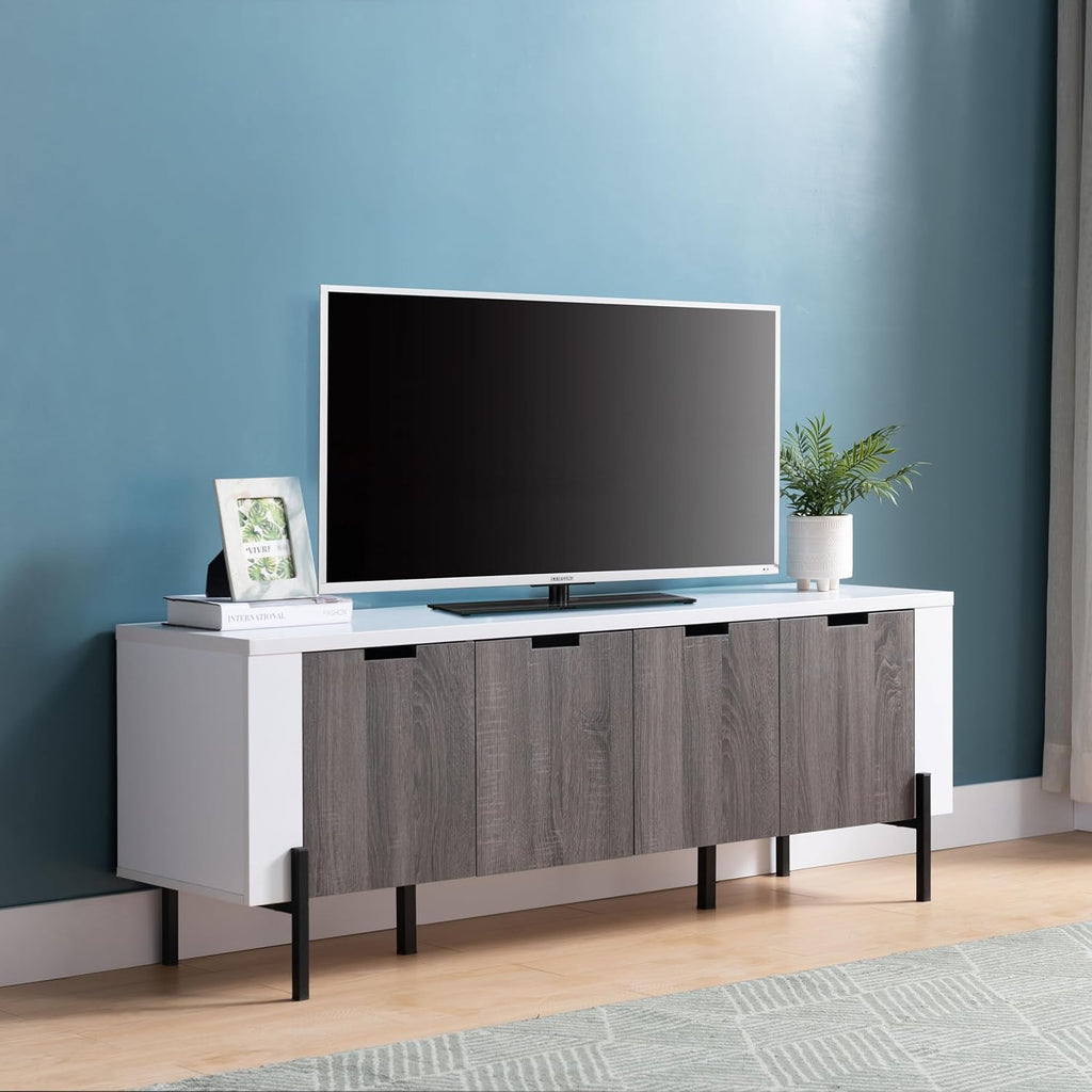 White & Distressed Grey TV Stand with Four Cabinet Doors J594