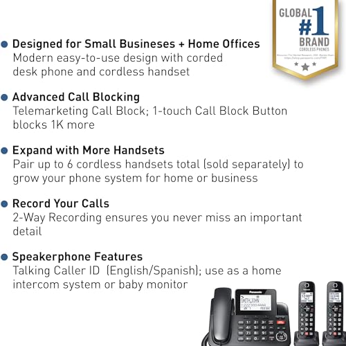 Black Corded/Cordless Phone with Digital Answering Machine, 2 Handsets B3196
