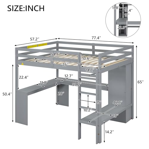 White Full Size Wood Loft Bed with Desk and Wardrobe S15117
