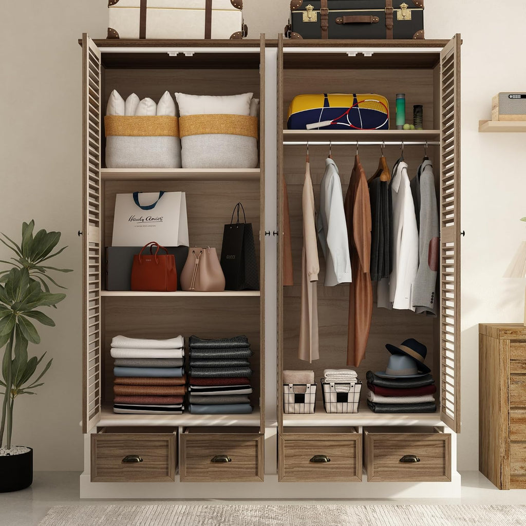 4 Doors Wardrobe Armoire with Louver Doors, Storage Shelves, 4 Drawers & Hanging Rod, Wooden Closet Storage Cabinet, Brown & White U99702