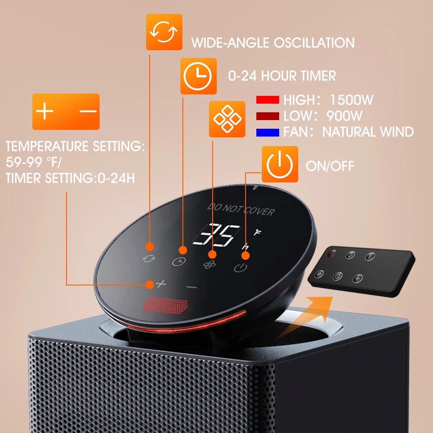 90° Oscillating Electric Tower Heater with Remote H88233