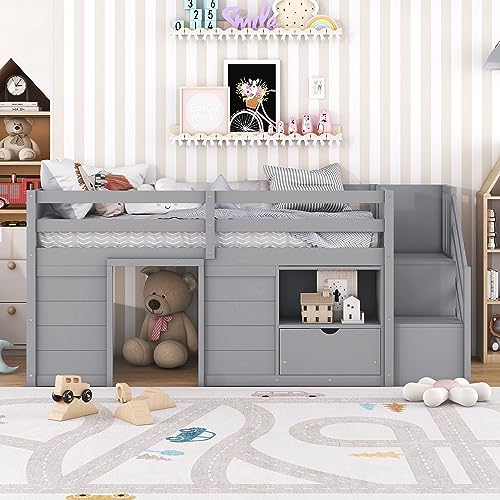 Twin Size Wooden Loft Bed with Stairs, Drawers and Shelves, Grey Z29103
