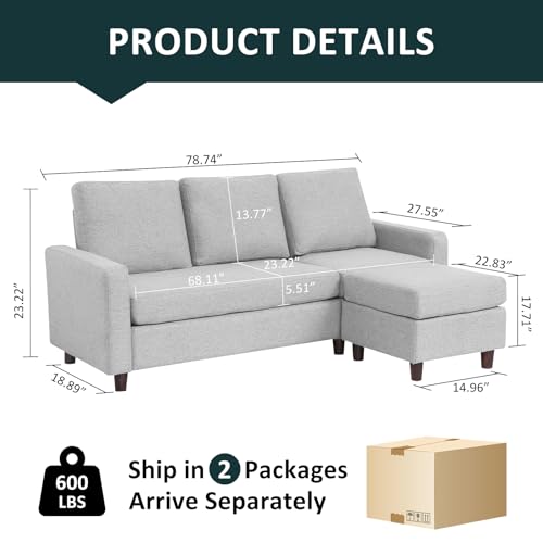 Light Gray Linen L-Shaped Sectional Sofa with Removable Ottoman Q314