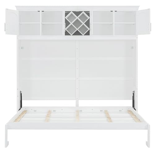 White Queen Size Murphy Wall Bed with Top Cabinets & Wine Rack S66143