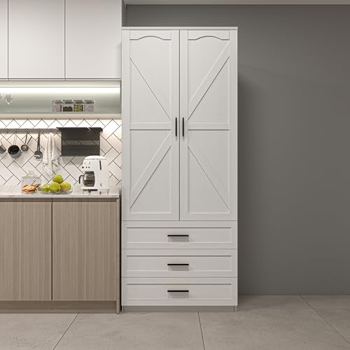 72" LED Kitchen Pantry Cabinet with 3 Drawers Tall Storage Cabinet Wood Food Pantry with Barn Doors and Adjustable Shelves Freestanding Cupboard N450
