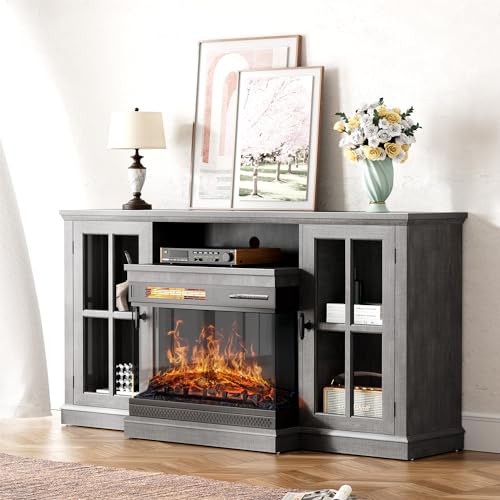 Gray Glass Fireplace TV Stand with Doors J70494