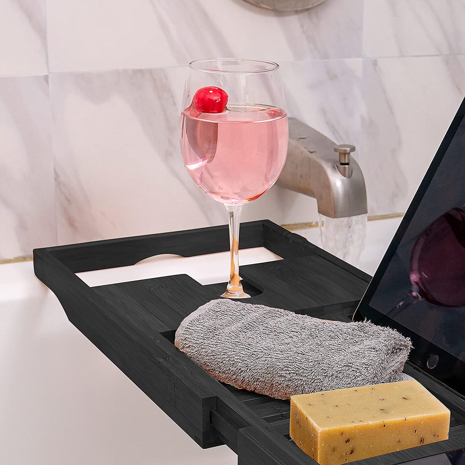 Bamboo Bathtub Tray Expandable Bathtub Caddy with Reading Rack Tablet Holder Wine Glass Holder (Black) A469866