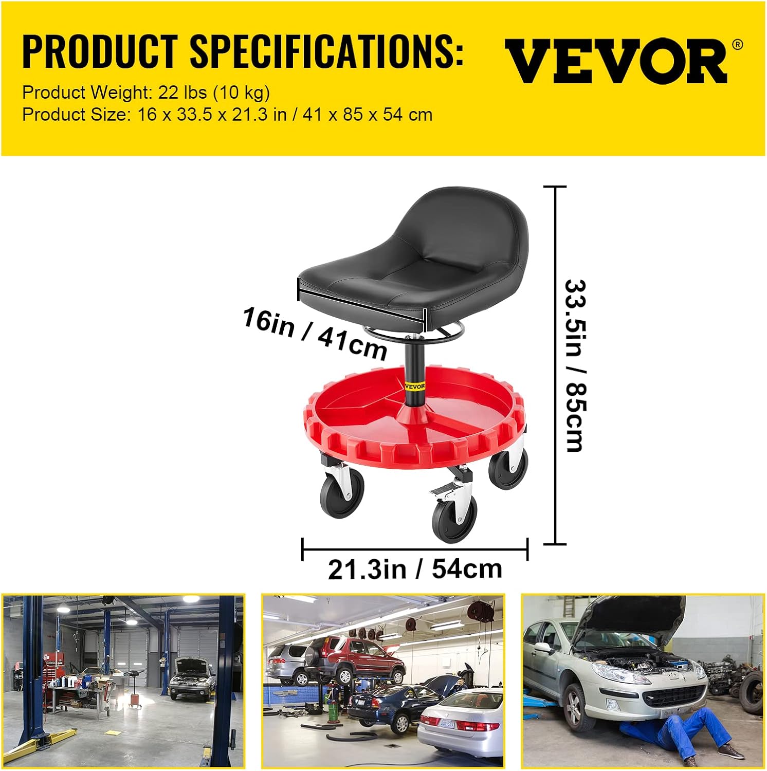 400 LBS Adjustable Height Rolling Garage Stool with Round Tray R9114